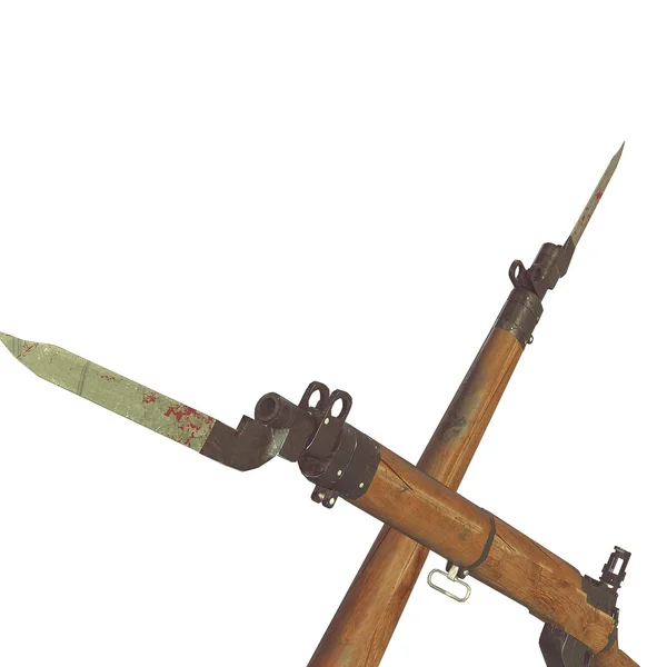 Old rifles 3D illustration. cross weapons. icon guns. cracked wood barrel. bayonet knife with blood. white background — Stock Photo, Image