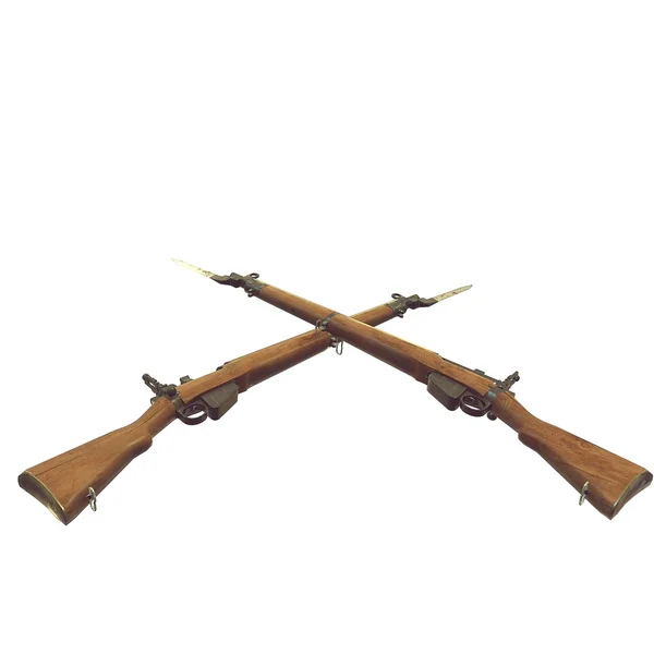 Rifles antiguos ilustración 3D. armas cruzadas. pistolas de icono. barril de madera agrietada. cuchillo de bayoneta con sangre. fondo blanco — Foto de Stock