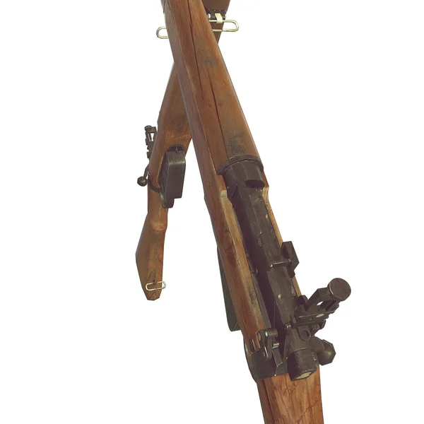 Rifles velhos ilustração 3D. Cruzar armas. Armas Ícones. Barril de madeira partido. faca baioneta com sangue. fundo branco — Fotografia de Stock