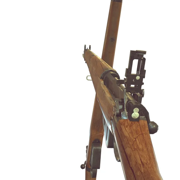 古いライフル 3 d イラスト。武器をクロスします。アイコン銃。ひびの入った木製のバレル。血でバヨネット ナイフ。白背景 — ストック写真