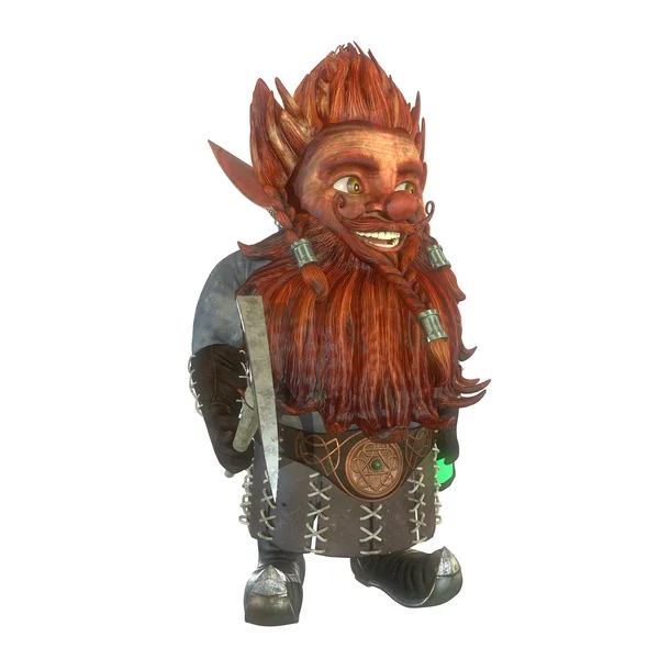 Gnome mijnwerker met pick en groene kristallen 3d illustratie — Stockfoto
