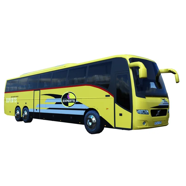 3D-Illustration des Busses. Gelbe Farbe. auf weißem Hintergrund isoliert. einfach zu bedienen. Experten-Titel. glänzende Räder. sauber und neu — Stockfoto