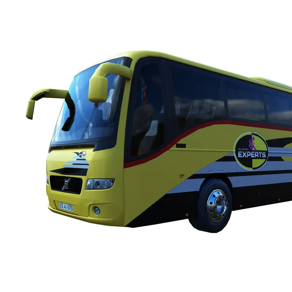 3D-Illustration des Busses. Gelbe Farbe. auf weißem Hintergrund isoliert. einfach zu bedienen. Experten-Titel. glänzende Räder. sauber und neu — Stockfoto