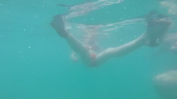 Красиві дівчата плавають у теплій блакитній воді . — стокове відео
