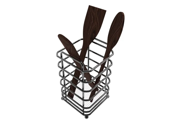 Illustrazione 3d di cucchiai di legno nel supporto metallico . — Foto Stock