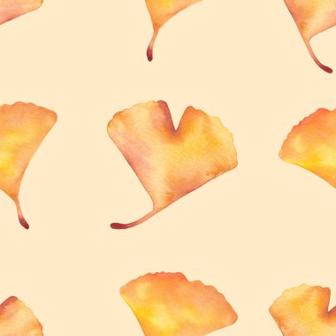 Açık pembe üzerinde sarı ginkgo yaprakları olan dikişsiz suluboya deseni. Sonbahar bitkisi arka planı. Kuru yaprak duvar kağıdı. Doğa temalı parlak ambalaj kağıdı.