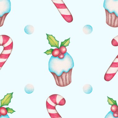 Seamless Pattern with Pencil Cupcakes and Candy Canes on Blue Background. Wallpaper with hand drawn Christmas sweets. Winter Holiday Print for Wrapping Paper.