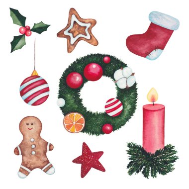 Watercolor Set with Winter Holiday Elements. Hand Drawn Clip Art with Christmas Wreath and Candle. New Year's Images on a White Background