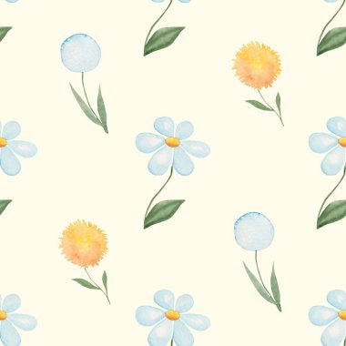 Tatlı suluboya papatyaları ve pastel arka planda karahindibaları olan bahar deseni. Mavi ve sarı çiçekli duvar kağıdı. Çiçek El Çizimi süsü. Kağıt ve tekstil için botanik baskı.