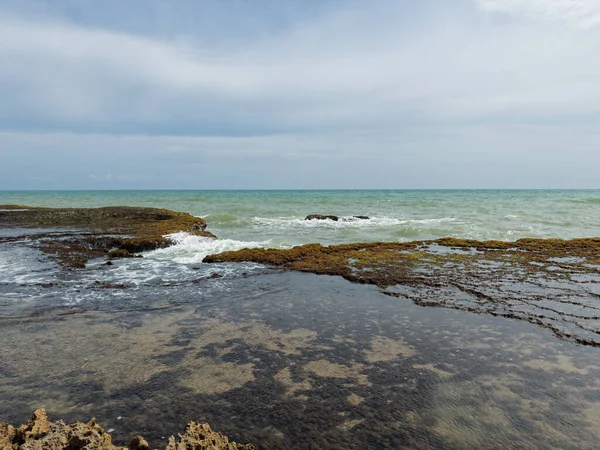 Kayalık platformda okyanus manzaralı kıyı manzarası ve bulutlu bir günde gelgit havuzu
