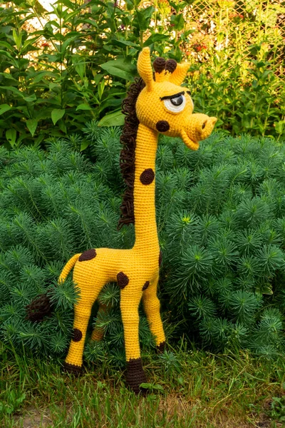 Bahçenin yeşilliği arasında boynu uzun bir amigurumi olan yumuşak oyuncak zürafa..
