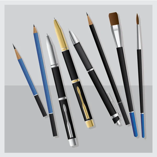 Definir caneta 3D realista e lápis e caneta de negócios e pincel e desenho Lápis e lápis do tipo embreagem — Vetor de Stock