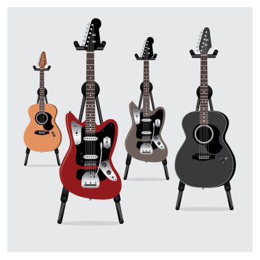 Ayaklıklı set vektör illüstrasyon elektro gitar ve akustik gitar