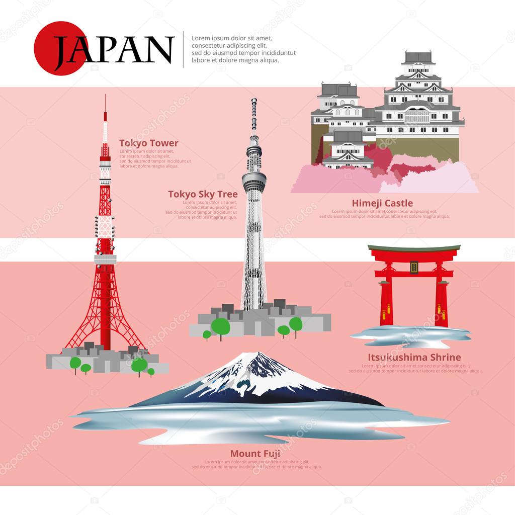 Japan Landmark and Travel Attractions Vector Illustration
