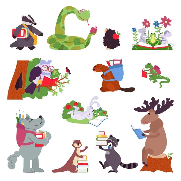 Smart animals. Wild animal with books, funny forest characters read. Isolated cartoon clever owl, raccoon snake, kids decent vector clipart