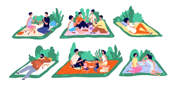 Family picnic. Fun nature picnics, flat families eat outside together. Cartoon people relax, couple weekend park recreation utter vector concept