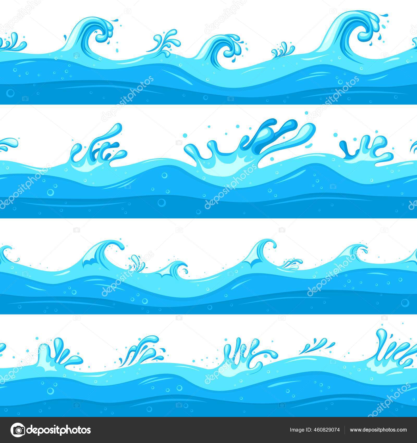 Olas Marinas De Dibujos Animados Flujo Oceanico Clipart Plano De Onda De Juego Dibujos Animados Azul Mar O Superficie Del Rio Salpicaduras De Agua Formas Vector Reciente Patron Sin Costura Vector Grafico