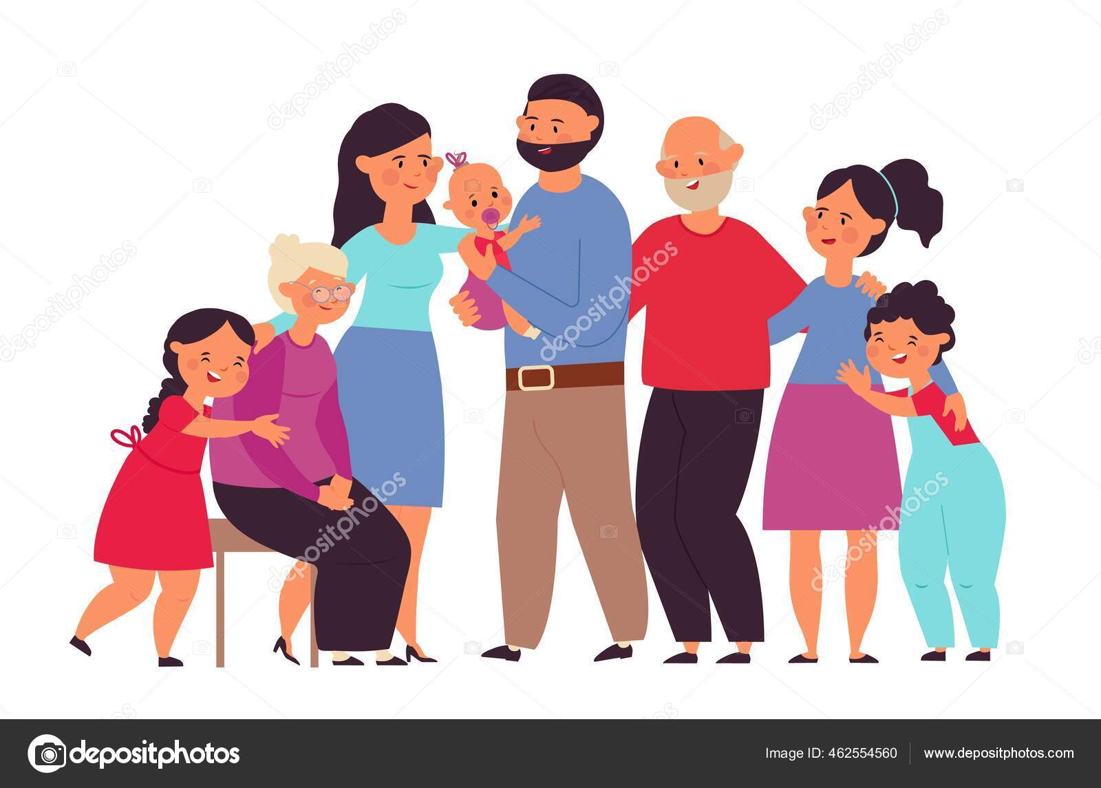 大家族だ かわいい人 お母さんのおじいちゃんのおばあちゃんと赤ちゃん フラット立ってグループ 漫画祖父母と子供まともなベクトル文字 ストックベクター C Microone