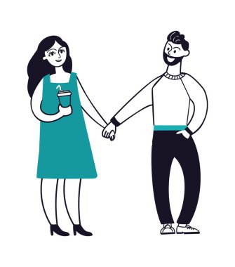 Young couple walking. People in love, cute girl and man holding hands. Woman with take away drink, flat isolated vector characters vector Young couple walking. People in love, cute girl and man holding hands. Woman with take away drink, flat isolated vector characters vector
