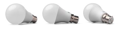 set of modern led light bulb with frosted diffuser, plastic body and b22 bayonet cap fitting isolated white background, concepts of energy efficiency and modern lighting technology