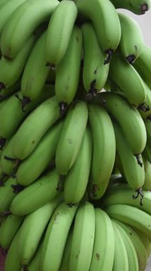 Yakın çekim yoğun yeşil muzlar, sıkıca paketlenmiş, yumuşak odak ve doğal ışık, tarım ve tropikal meyve konsepti, 60 fps ve dikey yönelimde yavaş çekim