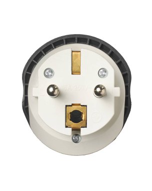 Dairesel beyaz plastik güç adaptör tıpası izole edilmiş beyaz zemin, iki metalik raptiye ve zemin klipsi, teknik özellikler ve yüzdeki merkez kare zemin yuvası, yakın çekim