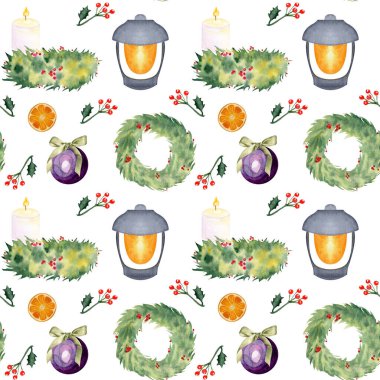Wreaths, lantern, candle, holly, Christmas ornament, watercolor seamless pattern isolated on white. Perfect for cards, textile, stationary, scrapbooking, wrapping paper, festive digital seasonal