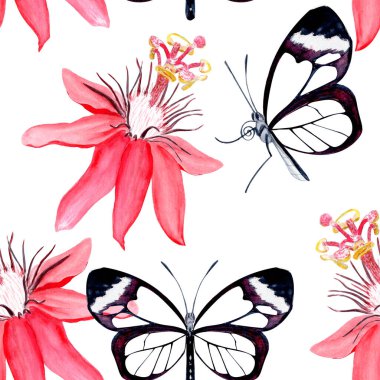 Transparent-wing butterfly and passionflower blossom elegant watercolor seamless pattern isolated on white. Hand-painted nature design, perfect for tropical decor, botanical card, eco branding