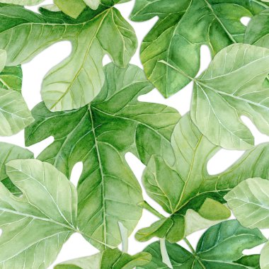 Fig leaf, detailed green texture watercolor seamless pattern isolated on white. Hand-painted botanical clipart for organic design, food packaging, eco branding, seasonal decor, healthy lifestyle