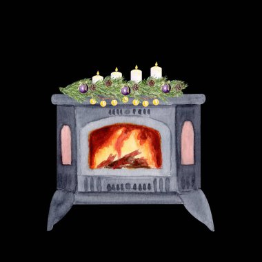 Stove with burning fire, with pine branches, candles, string lights on black. Watercolor ideal for Christmas cards, posters, invitations, wrapping paper, scrapbooking, and cozy holiday design