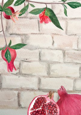 Olgun meyveli nar çerçevesi, yeşil yapraklar ve yumuşak tuğla duvar arka planı. Doğal tonlarda elle boyanmış suluboya resimler, mutfak dekorasyonu, kartlar, Akdeniz tasarım projeleri için mükemmel.
