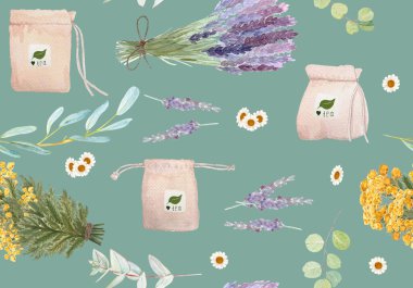 Bitkisel çay poşetleri, lavanta, okaliptüs, papatya çayı ve dikişsiz suluboya desenli mavi çiçekler. Paketleme, doğal kozmetik, tekstil tasarımı, sağlıklı markalaşma ve eko için mükemmel.