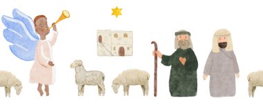 İsa 'nın doğuşu çobanları, melekler, Beytüllahim' deki ev ve koyunlar. Elle boyanmış suluboya, beyaza izole edilmiş. Noel kartları, Pazar okulu, afişler, tekstil ve Hıristiyan dekorasyonu için mükemmel. Kutsal...
