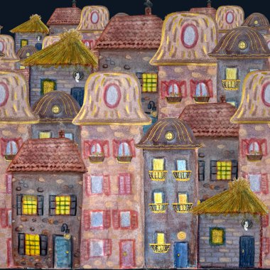 Eski kasaba evleri siyah arka planda sınırsız. Suluboya elle boyanmış desen. Duvar kağıdı, ambalaj kağıdı, tekstil, yastık, çocuk odası tasarımı için yüksek kalite illüstrasyon.