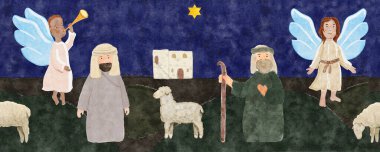 İsa 'nın doğuşu çobanları, melekler, Beytüllahim' deki ev ve koyunlar. Koyu arka planda elle boyanmış, pürüzsüz bir sınır. Noel kartları, Pazar okulu, pankartlar, tekstil ve Hıristiyan dekorasyonu için mükemmel.