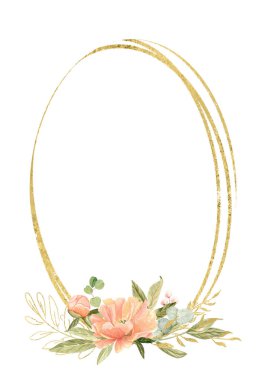 Şeftali tonlarında şakayık çiçekleri, yeşil yapraklar, beyaz üzerine izole edilmiş böğürtlen suluboya çerçevesi. Elle boyanmış. Düğün davetiyeleri için mükemmel. Marka, ambalaj, kumaş tasarımı, kartlar..