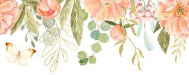 Nazik şakayıklar, okaliptüs suluboya dikişsiz beyaz sınır. Yüksek detaylarla elle boyanmış, düğün davetiyeleri için mükemmel markalaşma, paketleme, kumaş tasarımı, kartlar. Altın ayrıntılar