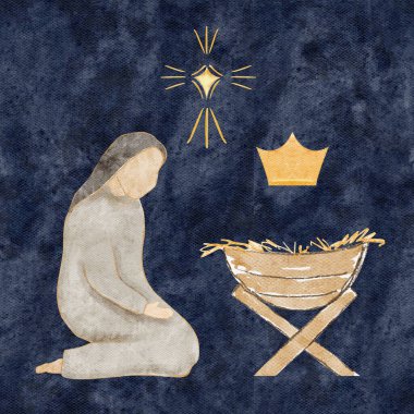 Mary 'yi bir yemliğin, karganın ve parlayan bir altın yıldızın yanında diz çöktürmek. Mavi arka planda elle boyanmış suluboya İsa 'nın doğumu illüstrasyonu, Noel kartları, adanmışlık ve tatil için ideal bir sahne.