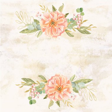 Şeftali rengi şakayıklar, okaliptüsler ve bej desenli arka planda altın oval aksanlar. Elle boyanmış suluboya çiçek çerçevesi. Düğün davetiyeleri, kırtasiye düzeni, markalaşma ve zarif kart için ideal.