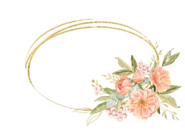 Şakayık çiçekleri, şeftali tonları, yeşil yapraklar, suluboya oval çerçeve beyaza izole edilmiş. El boyaması altın detay, düğün davetiyeleri için mükemmel markalaşma, ambalaj, kumaş tasarımı, kartlar