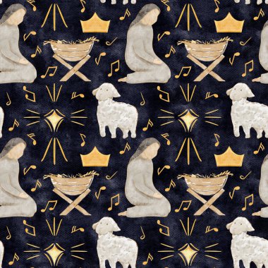 Mary 'yi bir yemliğin, tacın, kuzunun, parlayan altın yıldızın yanına diz çöktürmek. El boyası, suluboya, dokulu koyu arkaplan, noel kartları, ambalaj, tatil için ideal sahne.