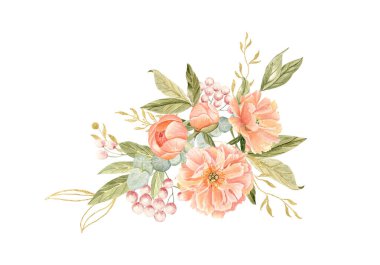 Hassas şakayık, okaliptüs, şeftali tonlarında altın elementler suluboya çizimi beyaza izole edilmiş. Düğün davetiyeleri, markalar, ambalajlar, kumaş tasarım kartları için mükemmel..