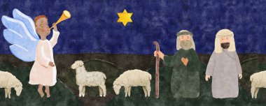 İsa 'nın doğuşu çobanları, melekler, Beytüllahim' deki ev ve koyunlar. Koyu arka planda elle boyanmış, pürüzsüz bir sınır. Noel kartları, Pazar okulu, pankartlar, tekstil ve Hıristiyan dekorasyonu için mükemmel.