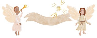 Bir çift suluboya melek. Bulutlu beyaz tonlarda, suluboya afişleri olan, sıcak aksanlı, Noel kartları, dekorasyon ve ilham verici tatil tasarımları için mükemmel bir çift. Beyaz