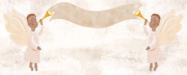 Meleklerin borazan çalması, beyaz bulutlu suluboya tonlarında boş kurdele pankartı tutması. Yumuşak nötr arkaplan, hava kompozisyonu, beyaz üzerine izole. Noel kartları ve lüks markalar için ideal.