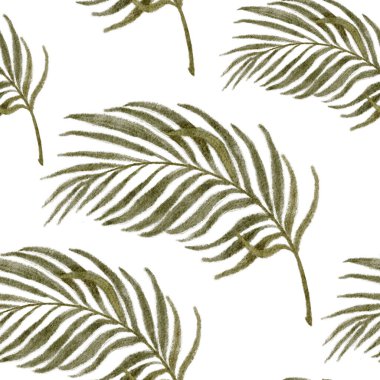 Beyaz zemin üzerinde palmiye yaprakları olan pürüzsüz desen, yumuşak yeşil tonlarda el boyası, Paskalya dekoru için minimum tropikal botanik doku, Palm Sunday tasarımı, ambalaj, kumaş, kırtasiye malzemesi..