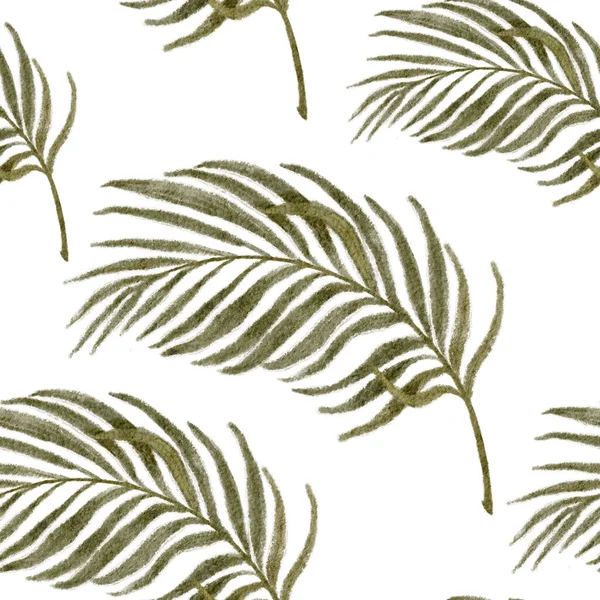 Beyaz zemin üzerinde palmiye yaprakları olan pürüzsüz desen, yumuşak yeşil tonlarda el boyası, Paskalya dekoru için minimum tropikal botanik doku, Palm Sunday tasarımı, ambalaj, kumaş, kırtasiye malzemesi..