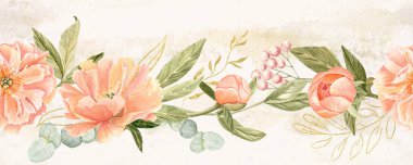 Şeftali rengi şakayıklar, okaliptüsler, bej arka planda suluboya dikişsiz sınırlar. Düğün dekorasyonu, markalaşma, ambalaj, kumaş tasarımı, kartlar için mükemmel elle boyanmış. Altın detaylar. Yatay olarak. Yumuşak