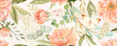 Yumuşak şeftali tonlarında narin şakayıklar bej renkte sulu boya desenleri. Yüksek detaylarla elle boyanmış, düğün davetiyeleri için mükemmel markalaşma, paketleme, kumaş tasarımı, kartlar. Mercan cazibesi rengi