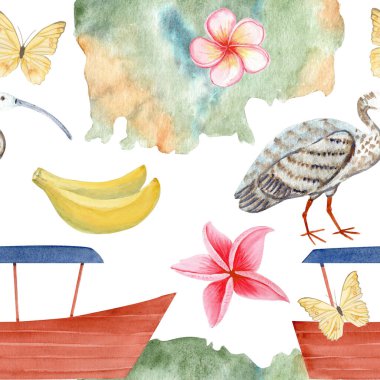 Kamboçya haritası, bayrak, tesisat çiçeği, tekne, Ibis kuşu, muz, suluboya çizimleri beyaza izole edilmiş. Seyahat blogları, ambalajlar, hediyelik eşyalar, turizm, kültürel tasarımlar için ideal